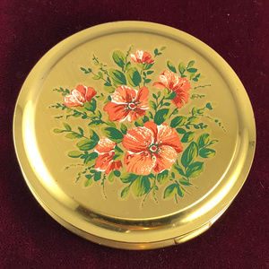 Vintage Makeup Compact Gold Hand Painted Flowers